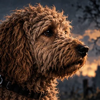 Polaroid: ein lockiger Hund blickt aufmerksam in die Abenddämmerung