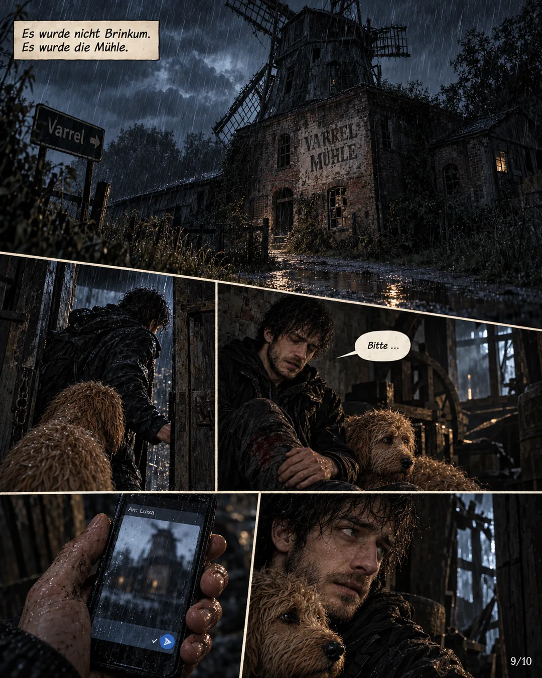 Eine verfallene Mühle im Regen, an der Wand die Aufschrift Mühle Varrel, daneben ein Wegweiser nach Varrel: Es wurde nicht Brinkum. Es wurde die Mühle. Der Mann schiebt sich mit dem Hund durch eine Tür. Erschöpft sitzt er drinnen: Bitte … Er schickt Luisa ein Foto der Mühle. Er hält den Hund im Arm.